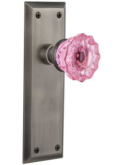 New York Door Set with Colored Fluted Crystal Glass Knobs Pink in Antique Pewter.
